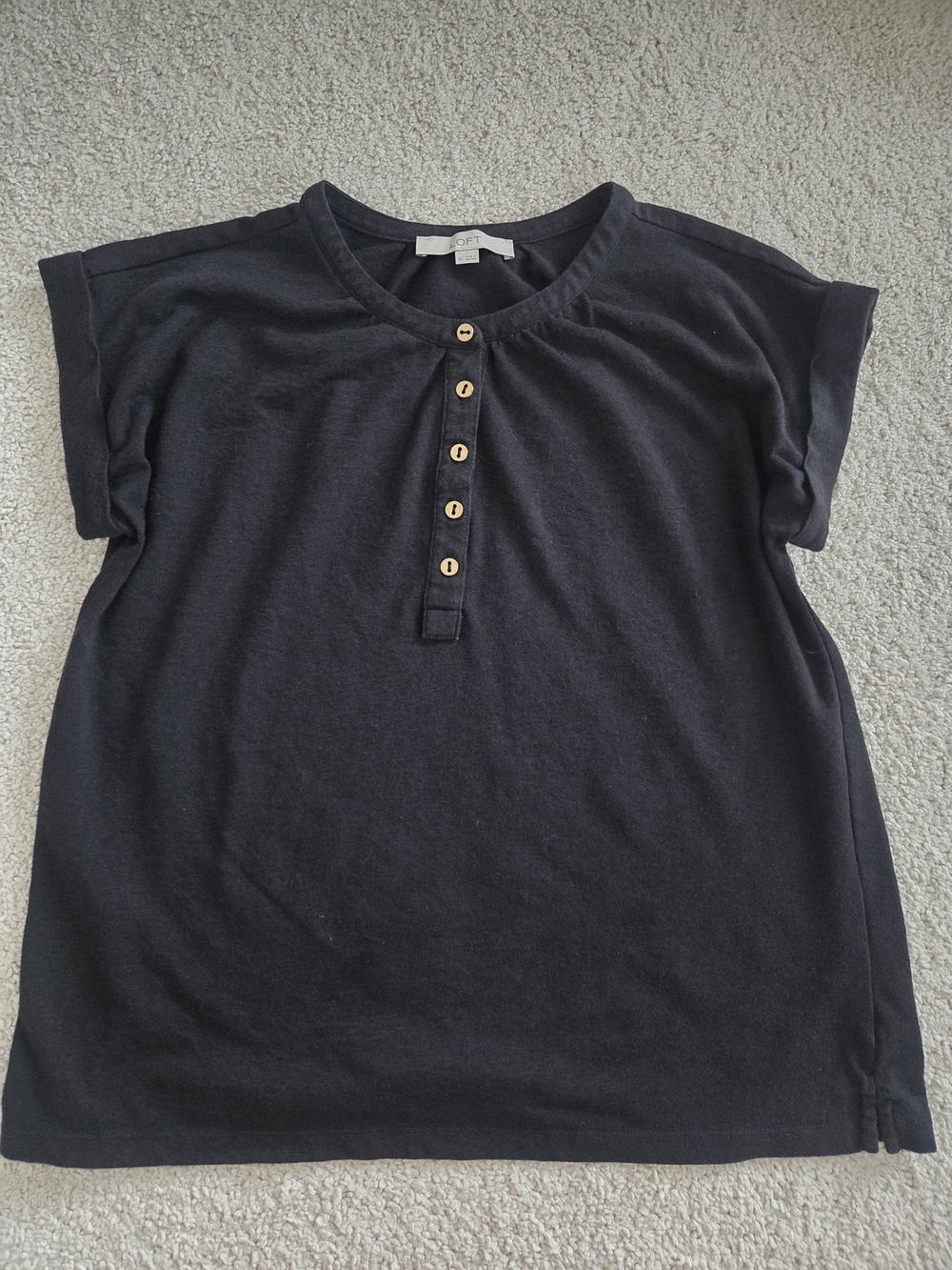LOFT Black Short-Sleeve Cotton Blend Henley Top
